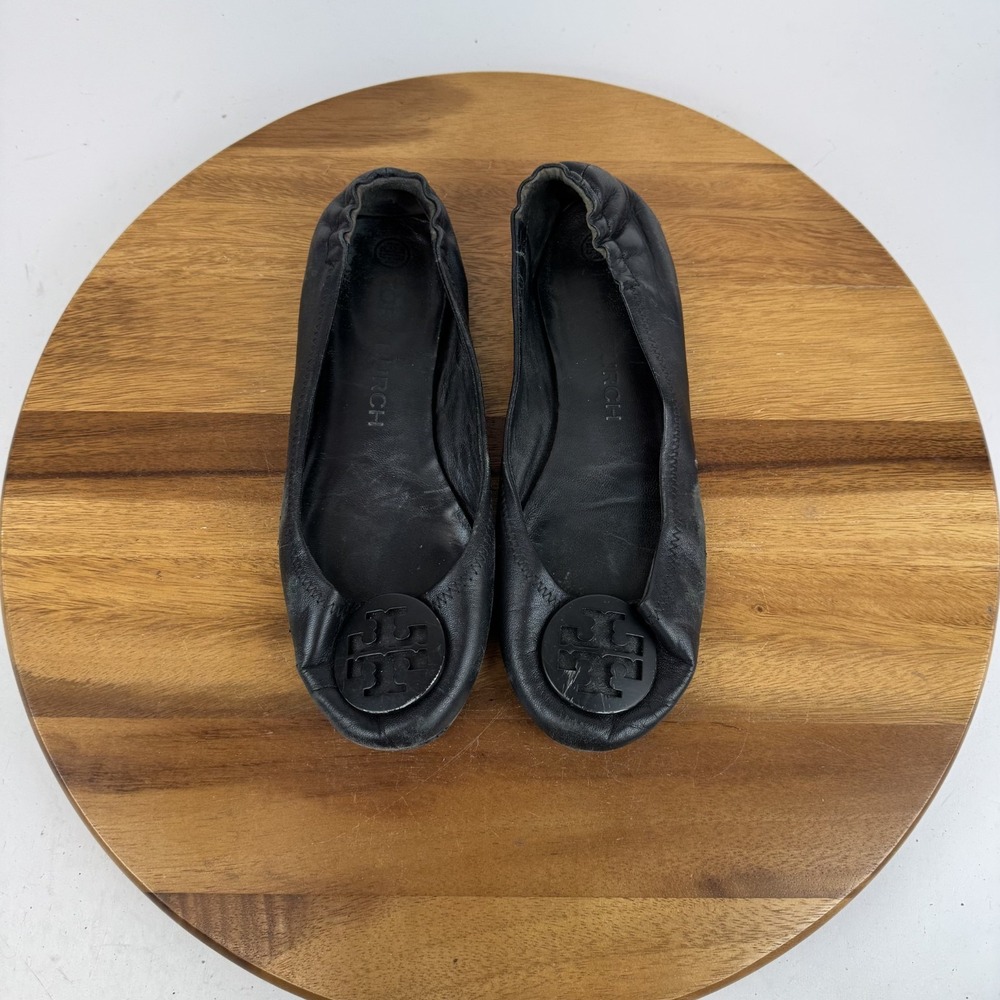 Womens Tory Burch Everly Black Medallion Leather Casual Ballet Flats Sz 8.5 GUC